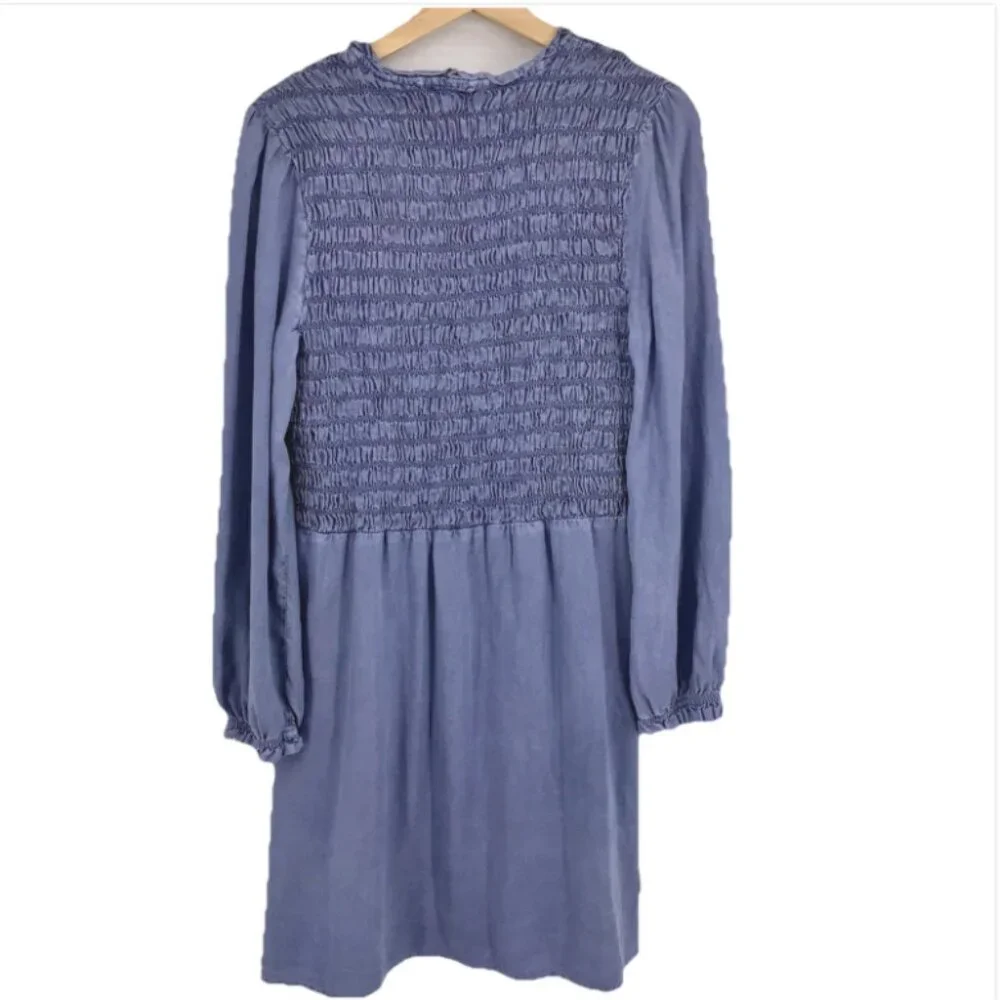 Bella Dahl Tencel-Lyocell Blue V Neck Long Sleeve Smocked Mini Dress Size Large - Picture 13 of 14